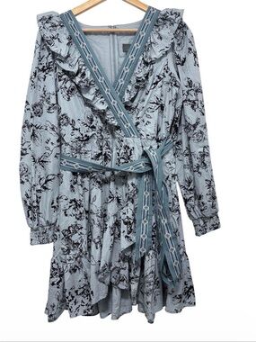 By Anthropologie Blue Ruffle Wrap Mini Dress Floral Long Sleeve Size M